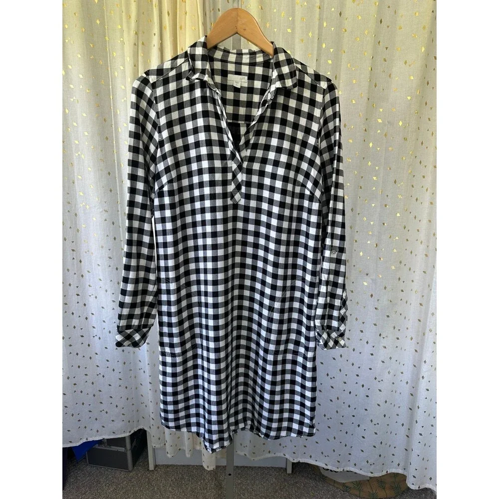 J. Jill Gingham Buffalo Plaid Checkered Tunic Rolled Sleeves Shirt Dress S Tall